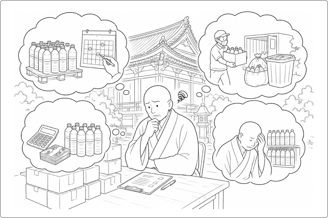 寺社を悩ませる「自主備蓄の大きな壁」のイラスト
